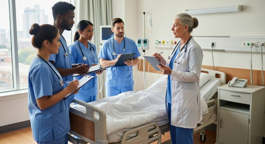 nursing students doing clinical rounds with doctor in hospital