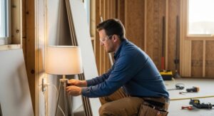 electrician working on lamp wiring during construction