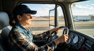 truck driver behind the wheel of a semi truck on the open road