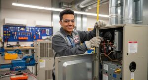 hvac student working on hvac system in classroom