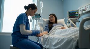 registered nurse taking care of patient in hospital