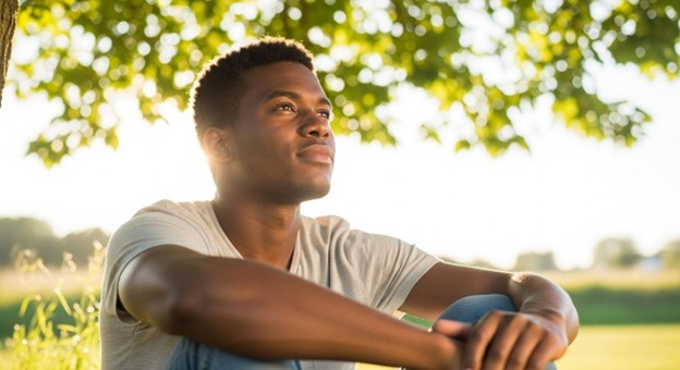 high school graduate sitting under tree thanking about going to a trade school