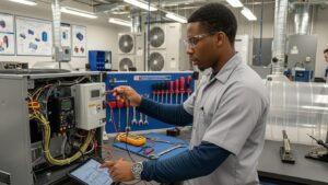 trade school hvac student in hvac lab