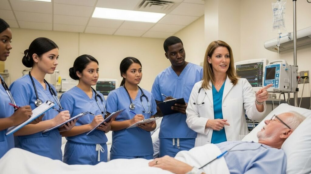 class of medical students bedside with instructor and patient
