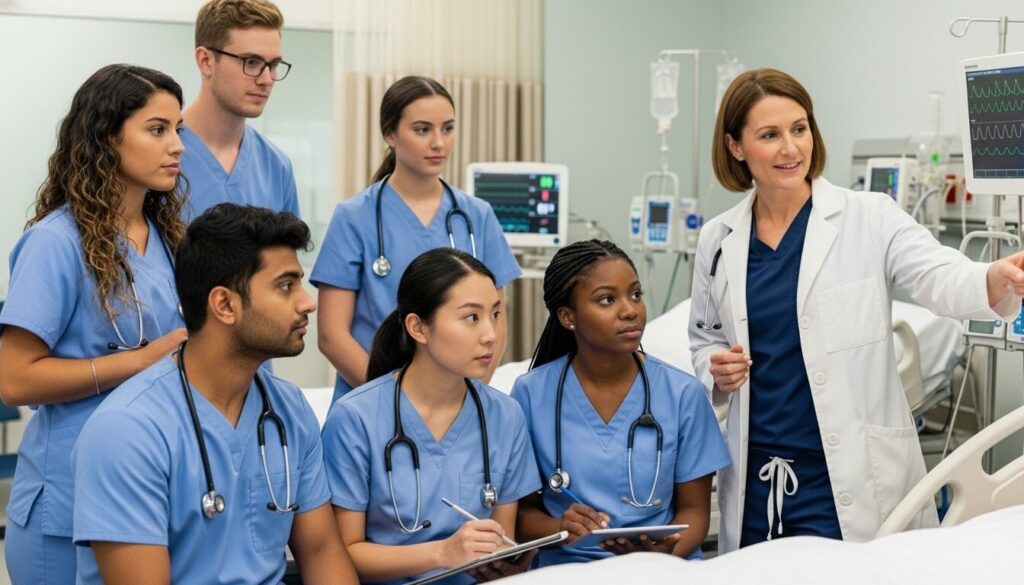 lpn students with instructor bedside in a hospital doing clinical rotations