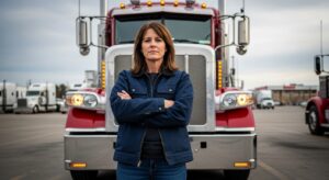 female truck driving standing in front of big rig