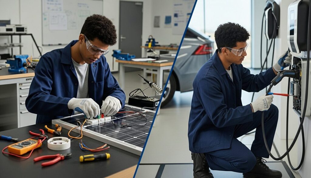 split screen with electrician student working on solar and HVAC systems