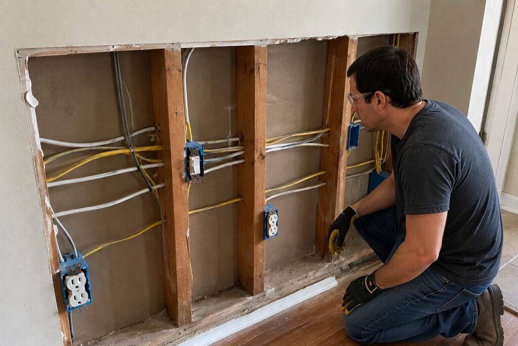 electrician reviewing the electrical wiring inside of a wall