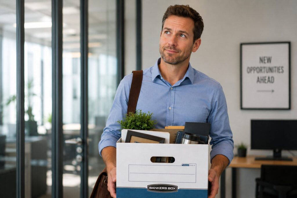 Man holding box after leaving a job office