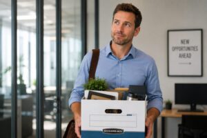 Man holding box after leaving a job office