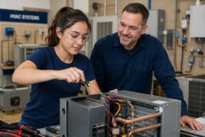 hvac student in trade school lab working with instructors guidance