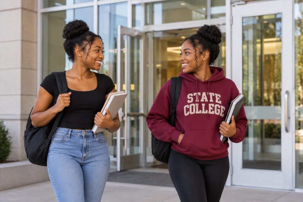 a student outside a school classroom, both in trade school and at state college