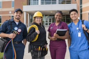 four students standing outside of a trade school