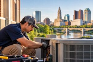 hvac technician fixing hvac system outside with columbus downtown in background