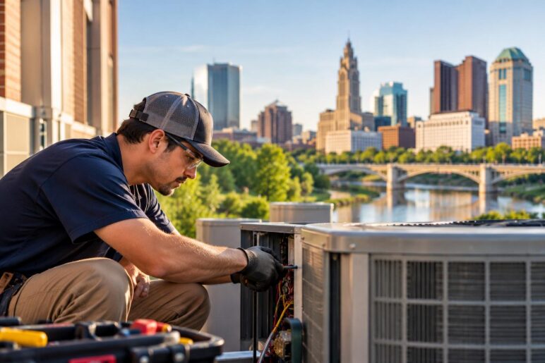 hvac technician fixing hvac system outside with columbus downtown in background